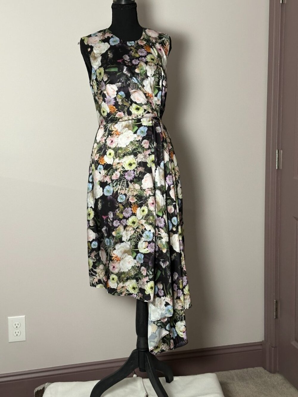 Adam Lippes Collective Black Floral Asymmetric Side Drape Midi Dress Size 4